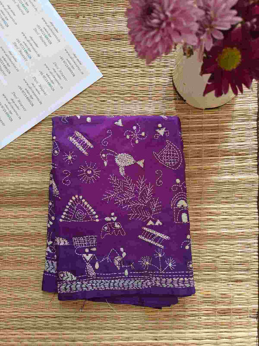 Purple Hand Embroidered Kantha Stitch Silk Stole