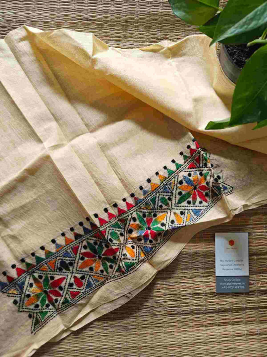 Cream Kantha stitch cotton blouse - Desi Weaves