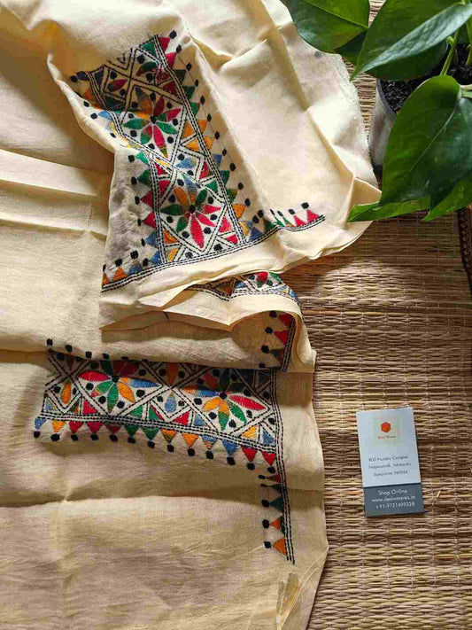 Beige Kantha stitch cotton blouse - Desi Weaves