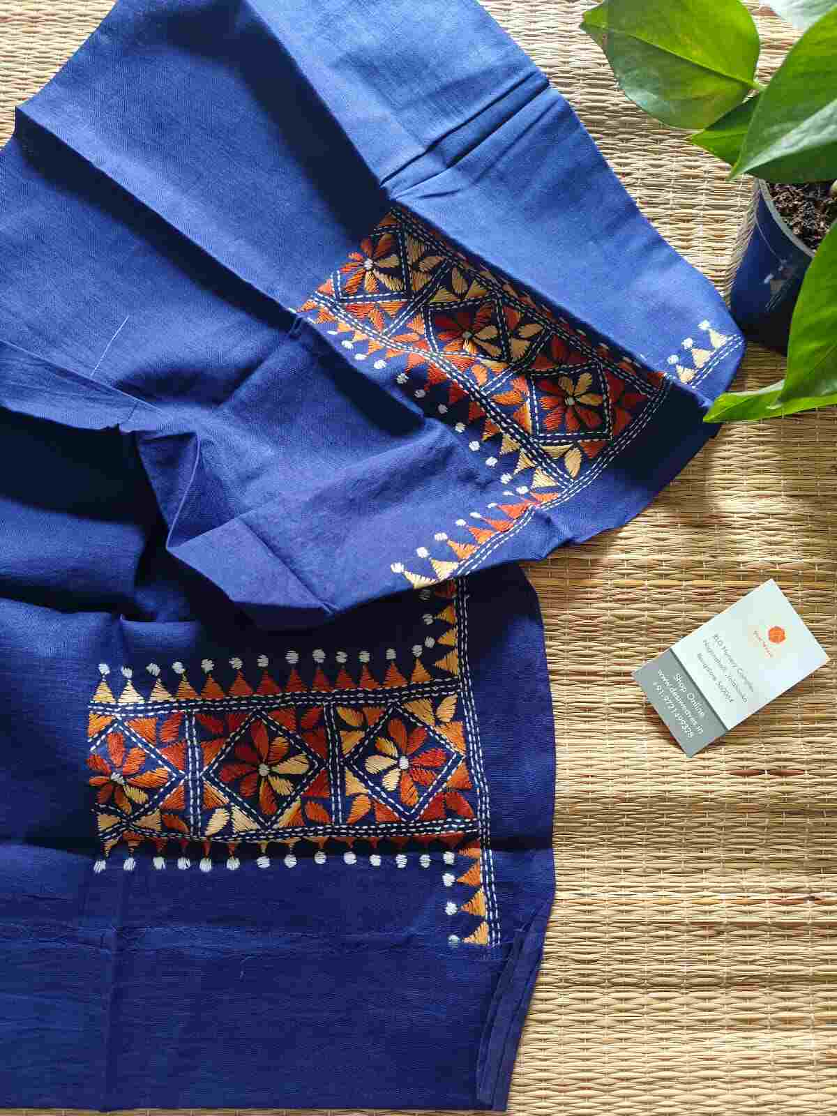 Blue Kantha stitch cotton blouse - Desi Weaves