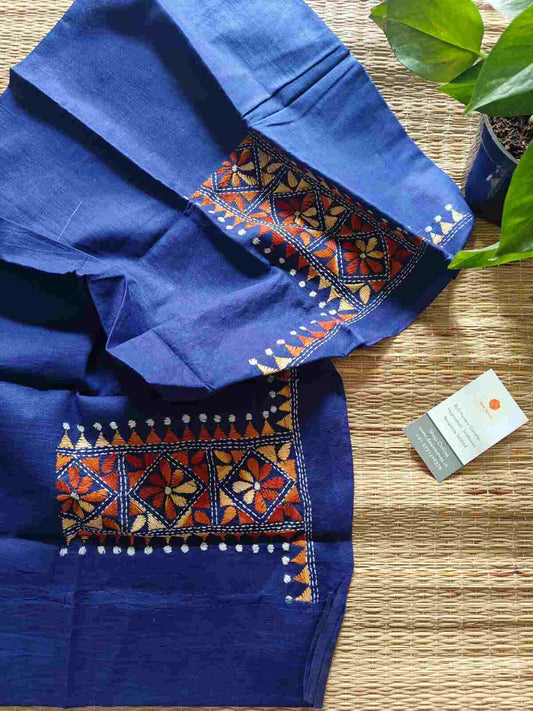 Blue Kantha stitch cotton blouse - Desi Weaves