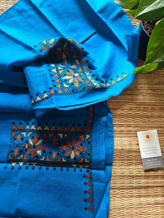 Blue Kantha stitch cotton blouse - Desi Weaves