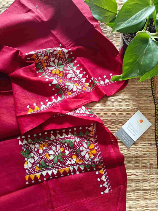 Red Kantha stitch cotton blouse - Desi Weaves