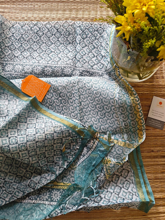 blue block print kota doria dupatta - Desi Weaves