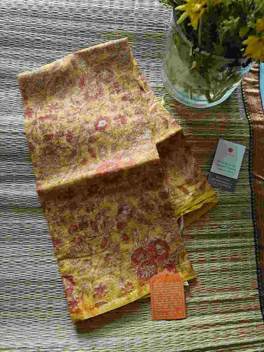 yellow block print kota doria dupatta - Desi Weaves