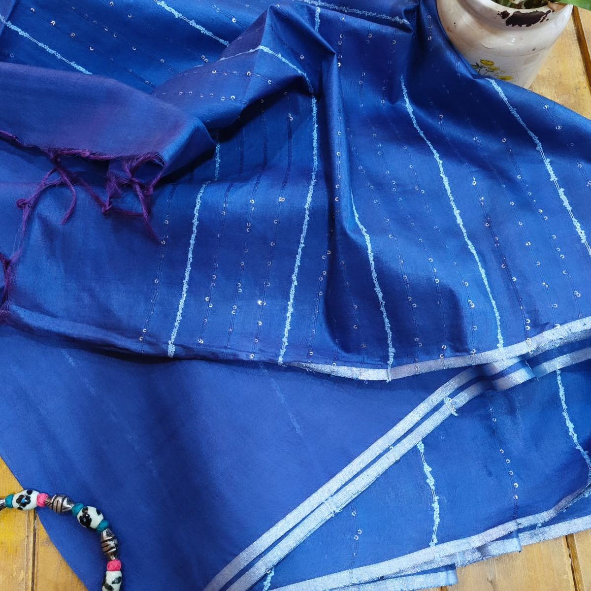 Deep Blue Semi Tussar Silk Saree With Blouse