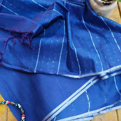 Deep Blue Semi Tussar Silk Saree With Blouse