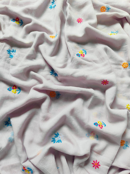 White Mull Cotton Embroidered Saree