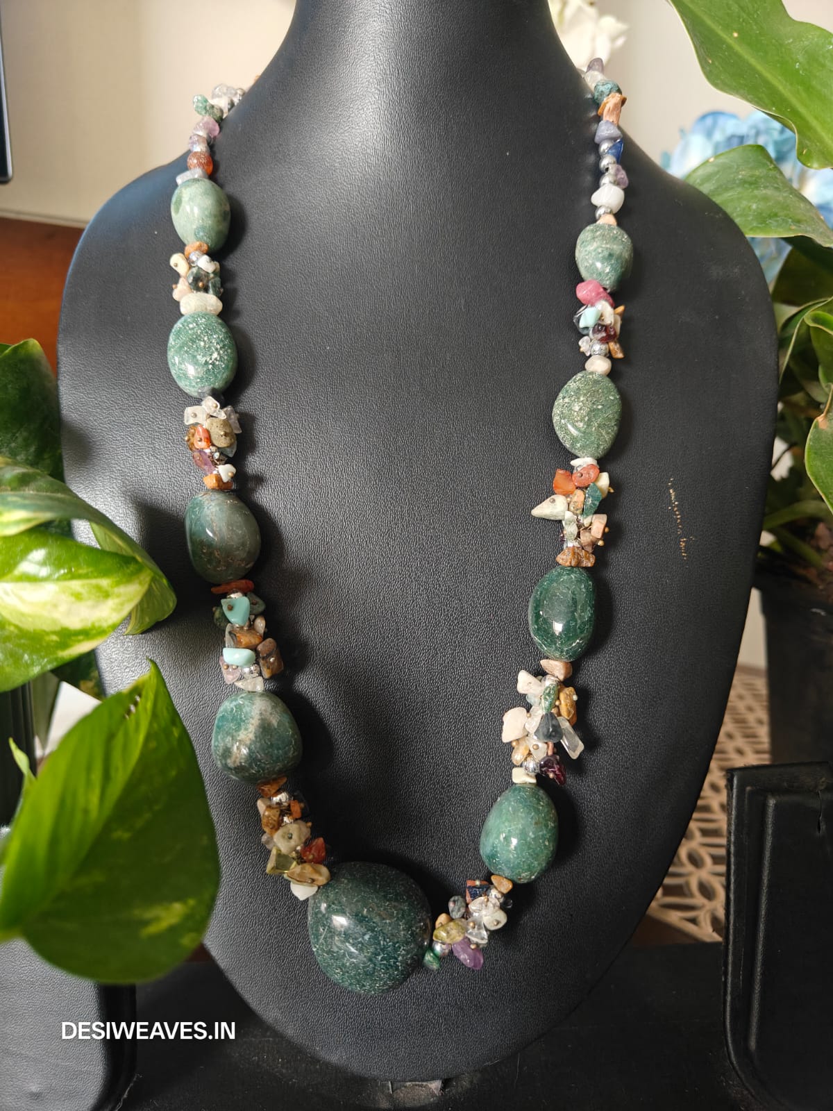 Green Precious stones necklace online - Desi Weaves