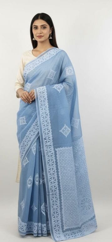 Blue Handcrafted Applique Stitch Cotton Saree