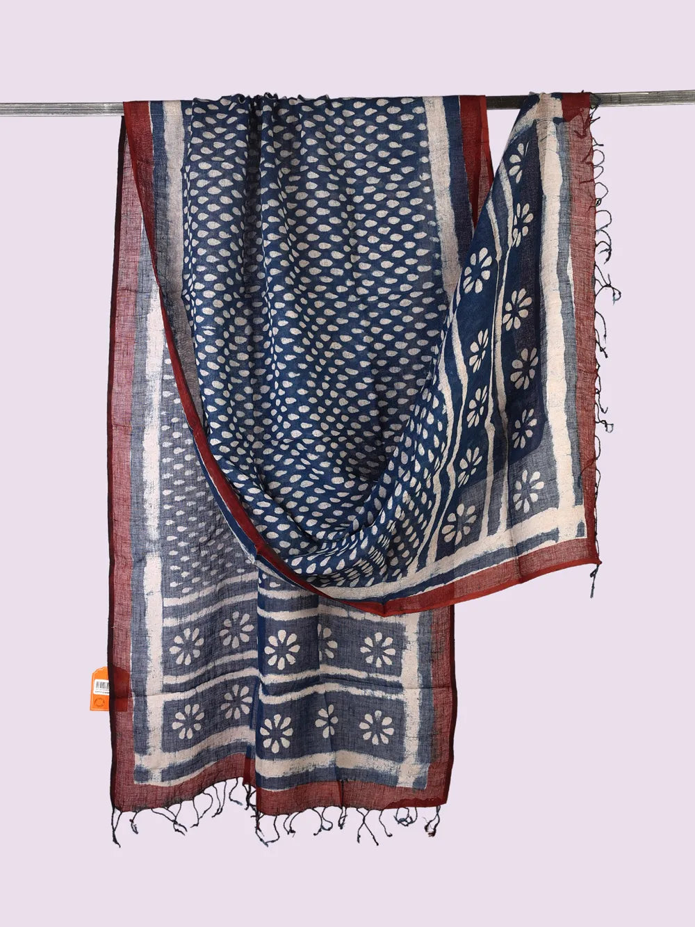 Indigo Floral Handcrafted Handblock Print Pure Linen  Dupatta