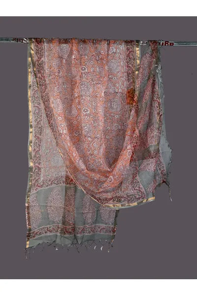 Peach Poppies Handblock Print Kota Doria Dupatta