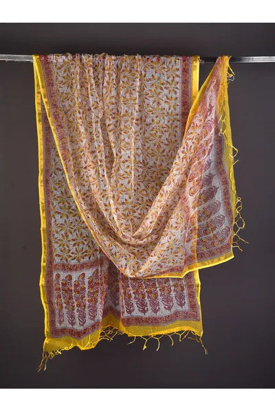 Yellow Blooms Handblock Print Kota Doria Dupatta