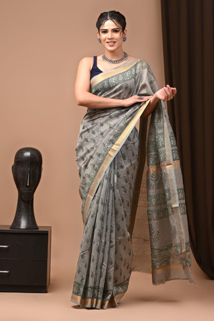 Block Print Maheshwari Cotton Silk Saree