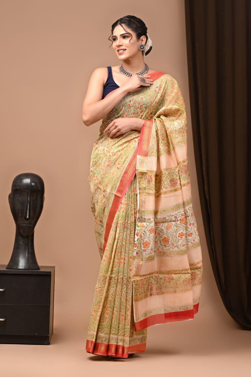 Block Print Maheshwari Cotton Silk Saree