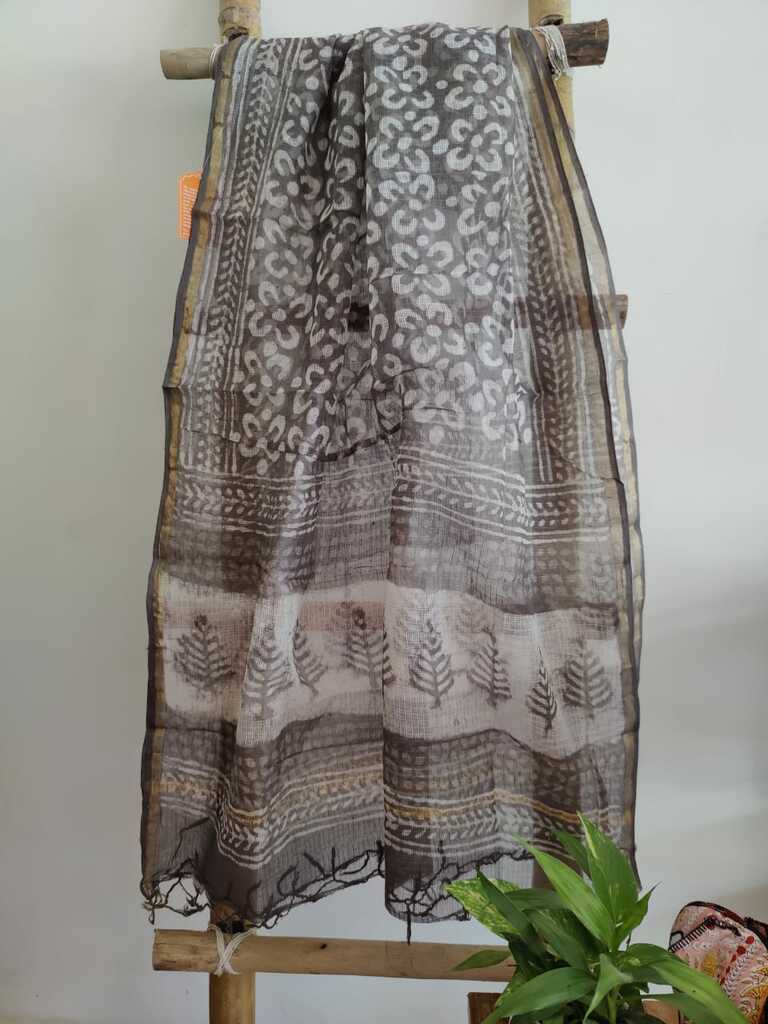 Fawn Brown Handblock Print Kota Doria Dupatta