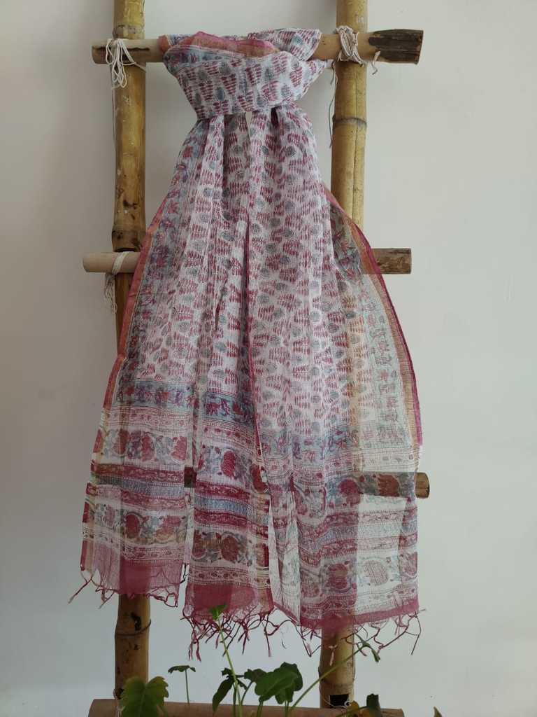 Handblock Print Kota Doria Dupatta Online - Desi Weaves