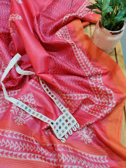 Bright Pink  Block Print Pure Tussar Silk Dupatta