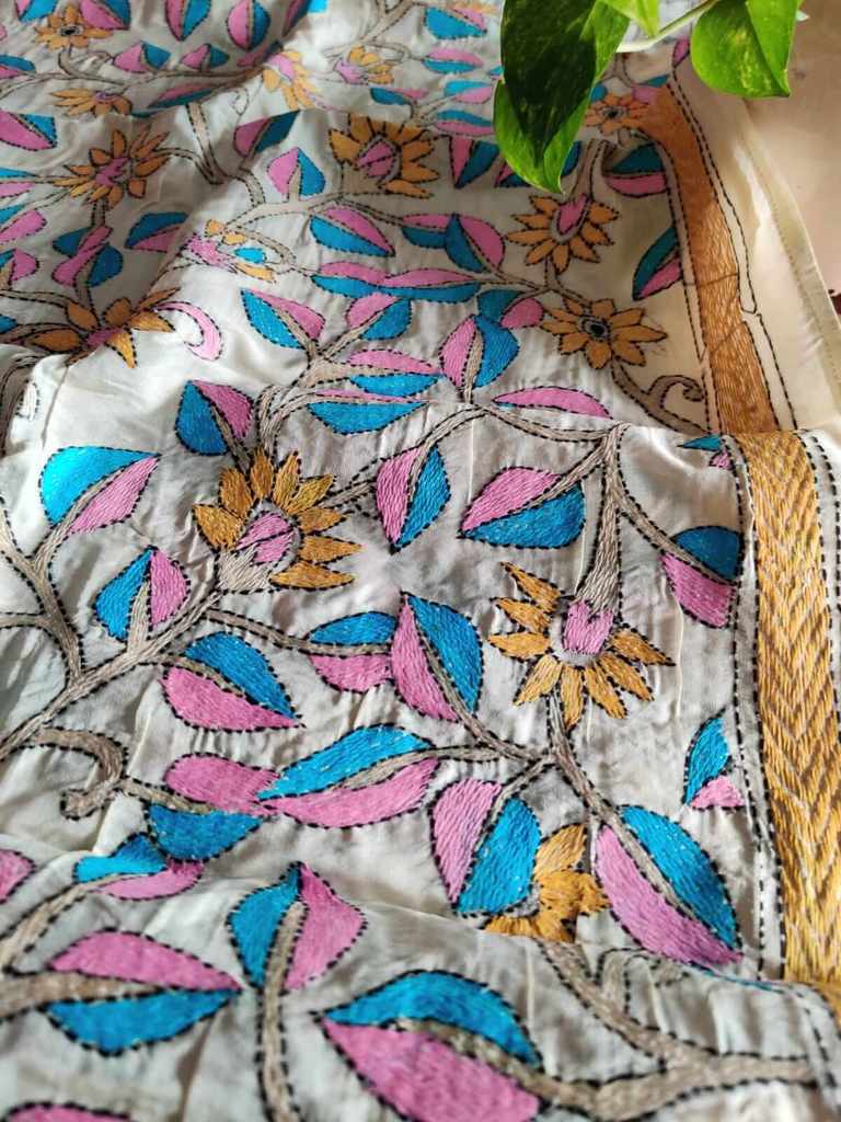 Kantha Stitch Tussar Silk Stole - Desi Weaves