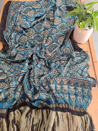 Blue Color Ajrakh Hand Block Print Modal Silk Dupatta