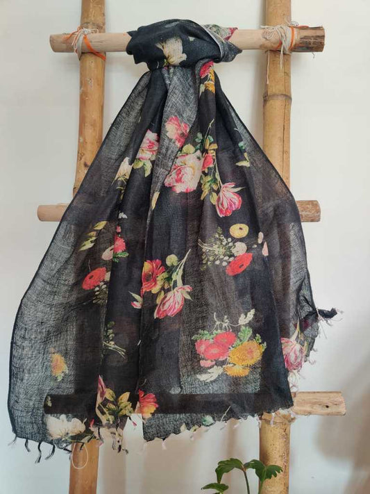 Black rose digital printed pure linen stole