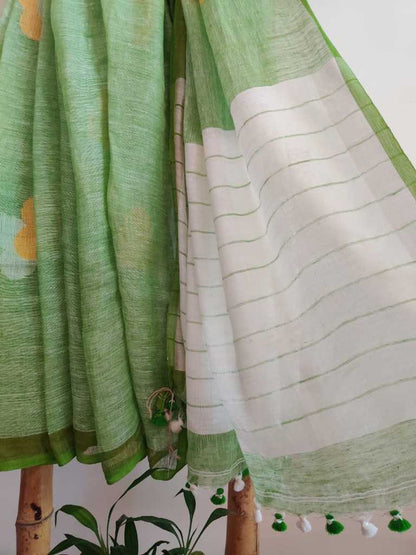 Sage handwoven pure linen jamdani saree