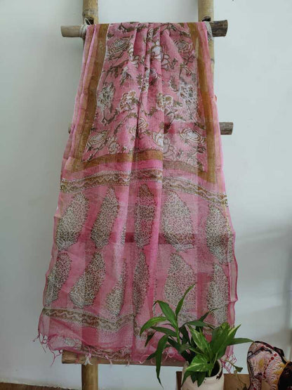 Gulabi Shyam Handblock Print Kota Doria Dupatta