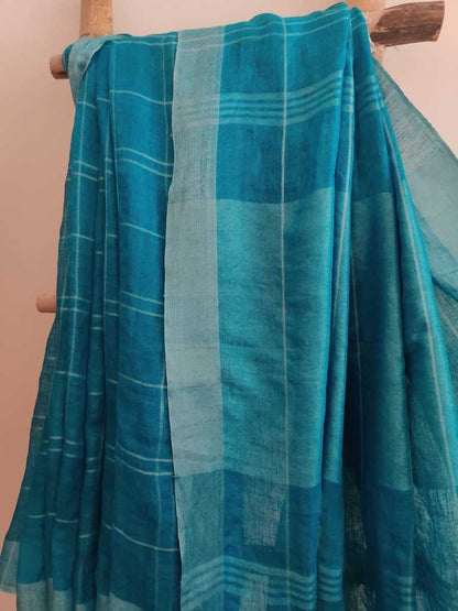 Firozi handwoven pure linen saree