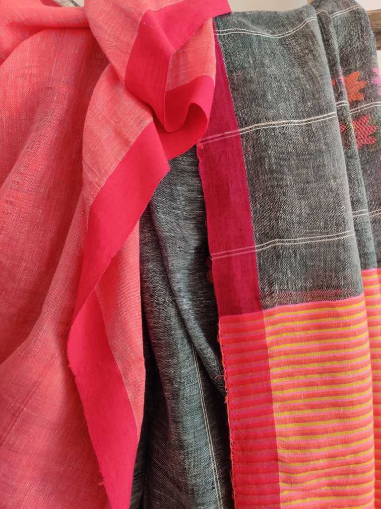 Grey handwoven pure linen jamdani saree