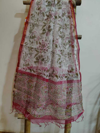 White & Pink Handblock Print Kota Doria Dupatta