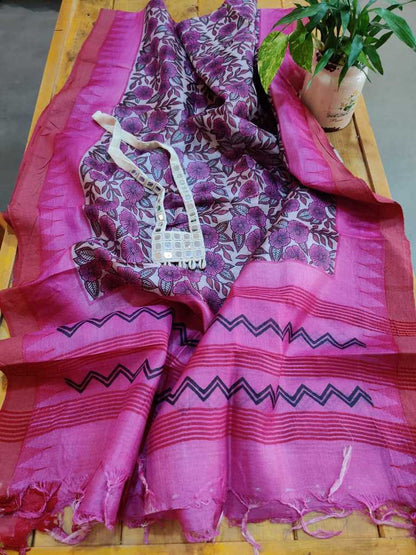 Floral  Block Printed Pure Tussar Silk Dupatta