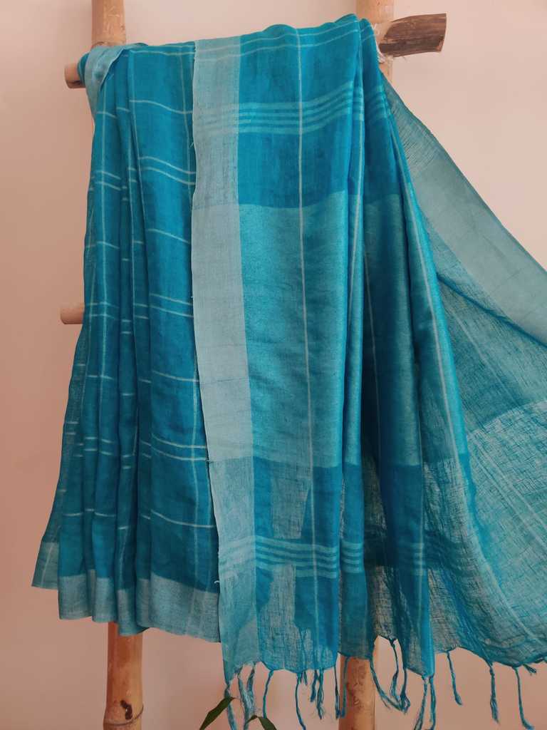 Firozi handwoven pure linen saree