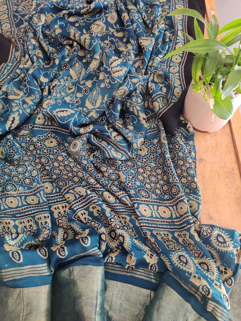 Ice Tea Ajrakh Hand Block Print Modal Silk Dupatta