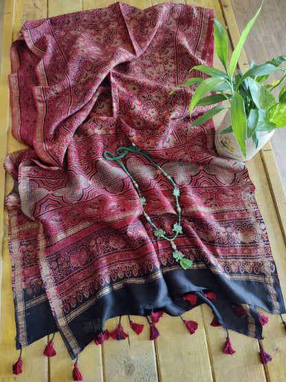 Ajrakh Chanderi Silk Stole - Desi Weaves