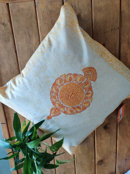 Yellow Block Printed Cotton Cushion Cover 16 x 16