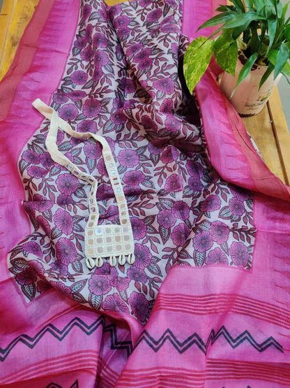 Floral  Block Printed Pure Tussar Silk Dupatta