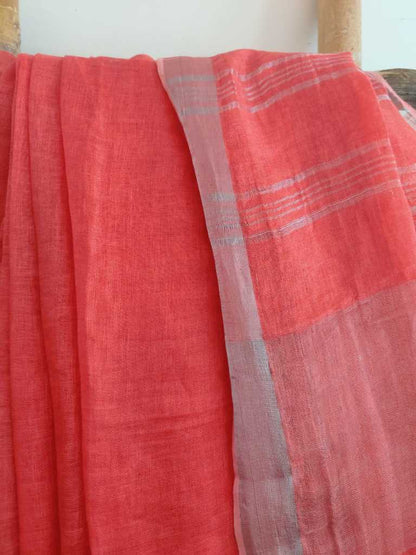 Coral Pink  handwoven pure linen saree