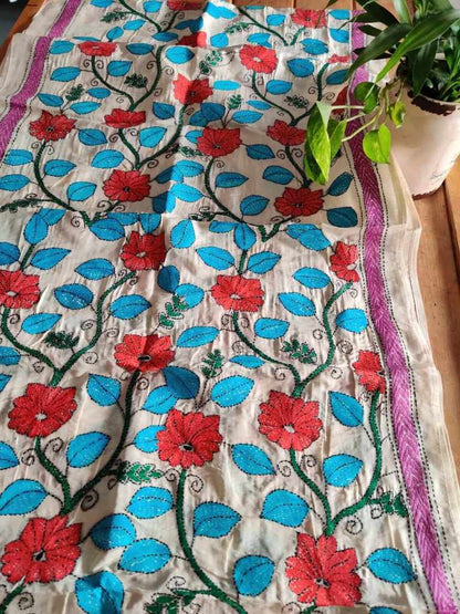 Kantha Stitch Tussar Silk Stole - Desi Weaves