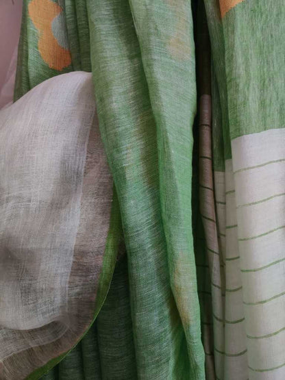 Sage handwoven pure linen jamdani saree