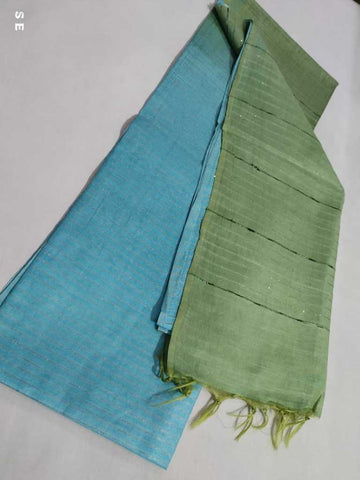Sky Blue & Green Silk Cotton Saree With Blouse