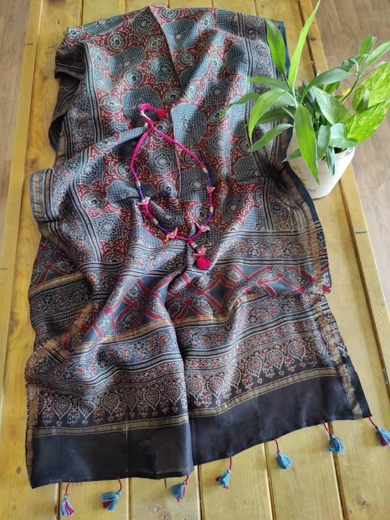 Ajrakh Chanderi Silk Stole - Desi Weaves