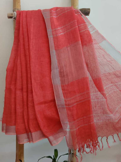 Coral Pink  handwoven pure linen saree