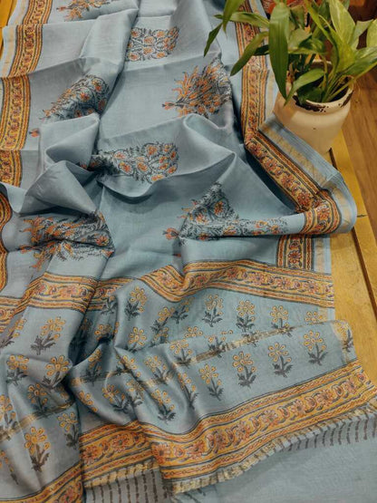 Bluenight Sanganeri Block Print Chanderi Silk Dupatta