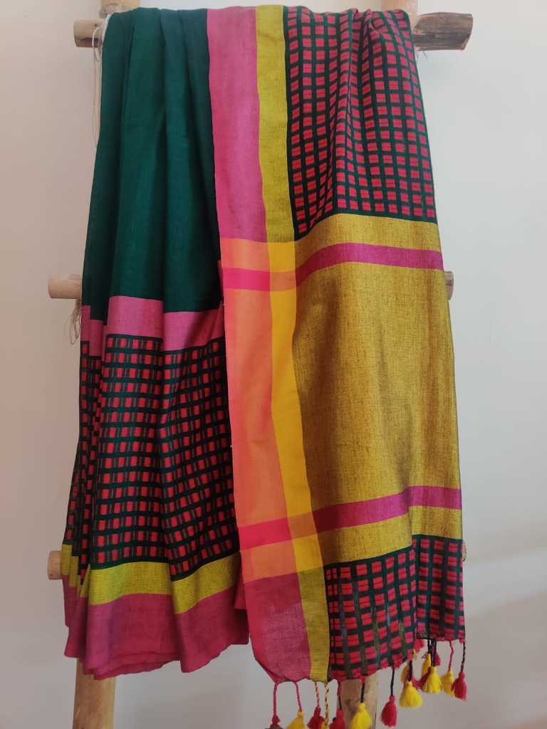 Deep Green handwoven Pure Linen Saree