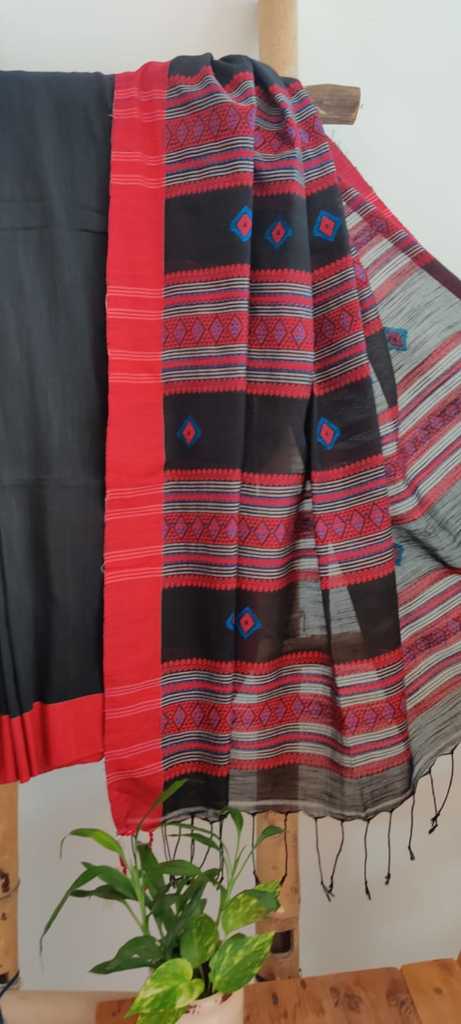 Black & Red Handwoven Bengal Handloom Cotton Saree