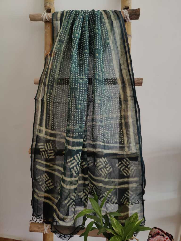 Green Floral  Handblock Print Kota Doria Dupatta