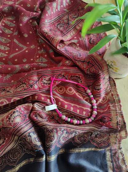 Maroon color ajrakh handblock printed chanderi silk stole