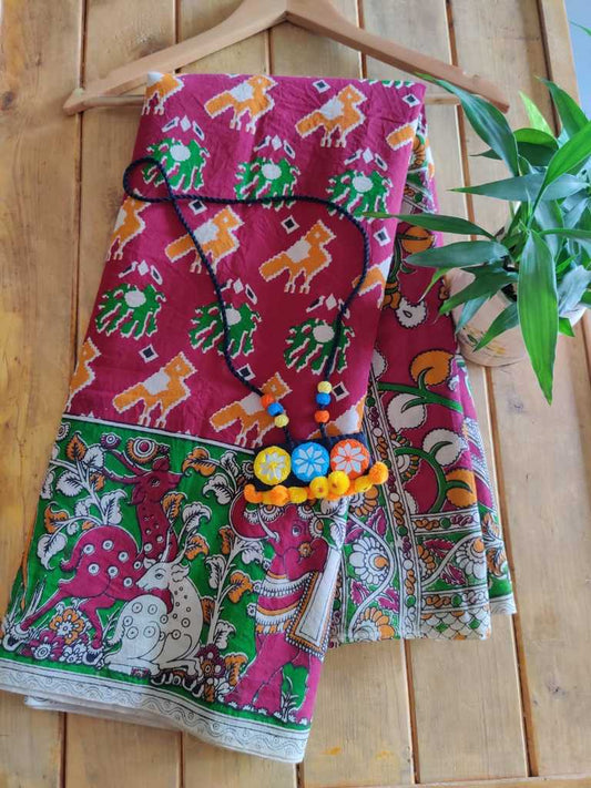 Magenta block printed kalamkari cotton saree