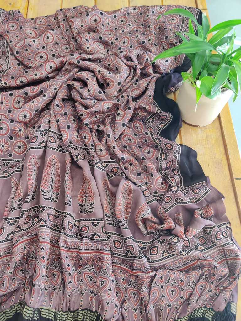 Ginger Ajrakh Hand Block Print Modal Silk Dupatta