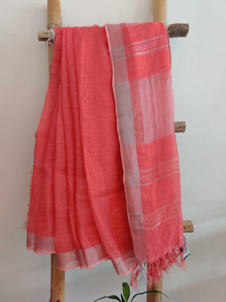 Coral Pink  handwoven pure linen saree